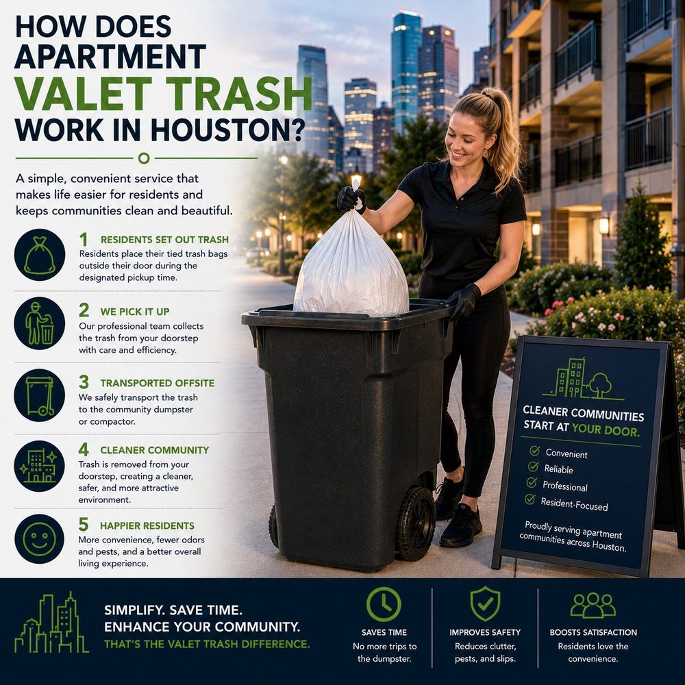 How does apartment valet trash work in Houston? A 5-step process diagram showing residents set out trash, crew pickup, transport offsite, cleaner community, and happier residents.