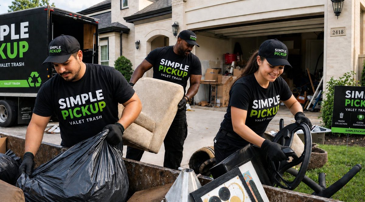 Simple Pickup LLC team performing valet trash and bulk pickup at a Houston home