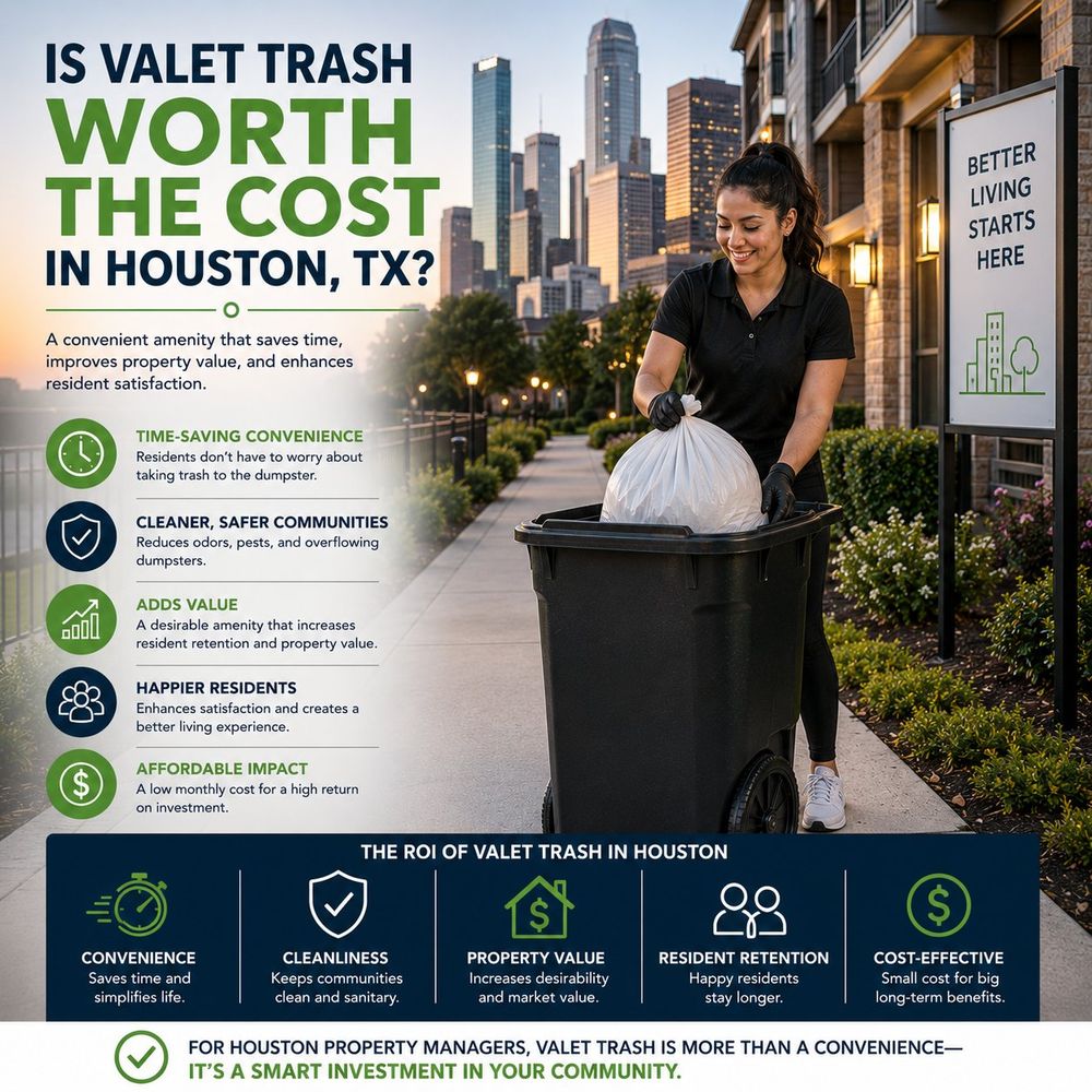 Is valet trash worth the cost in Houston, TX? Infographic showing time savings, cleaner communities, added property value, happier residents, and affordable ROI.